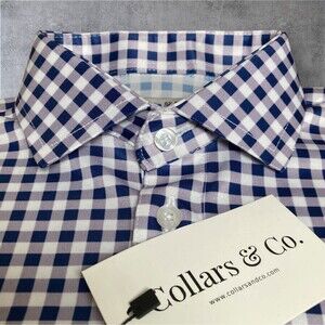 Collars & Co Polo Shirt Mens XL Blue Purple Gingham Plaid Check Dress Collar NWT